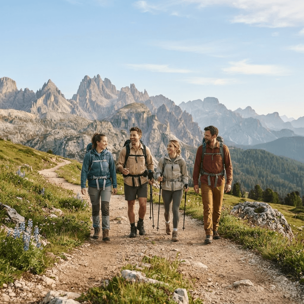 A small group hiking on a mountain trail