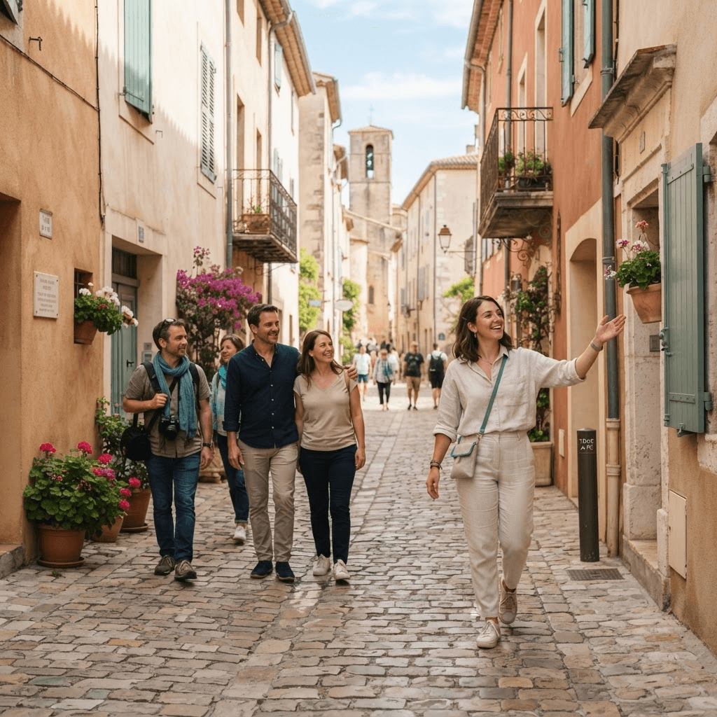 A guided walking tour through an old-town street